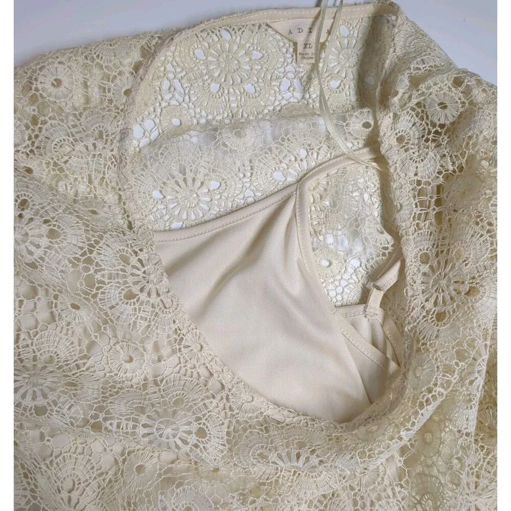 Crochet Top Women Large Layer 3/4 Sleeves Elegant Blouse / Tank Cream L